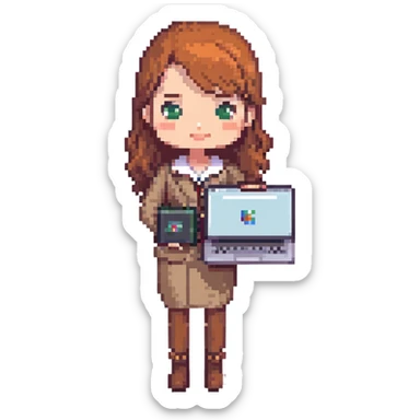 female recruiter, cute, pixel art with a laptop sticker