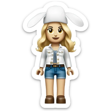 Lego toy girl whole body with white rabbit hat and beggy jeans sticker