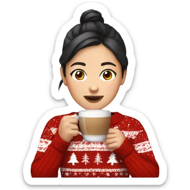 asian girl drinking coffee wearing Christmas sweater sticker