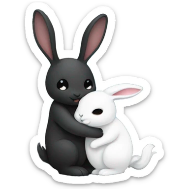 Black rabbit hugging white rabbit with moon behind them sticker