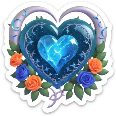 gothic heart, splintered dark teal glass, silver crescent moon, midnight blue roses, holographic stardust, neon lightning, wet look sticker