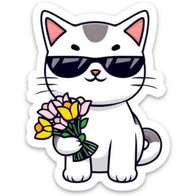 cat wearing sunglasses holding a bouquet of flowers sticker
