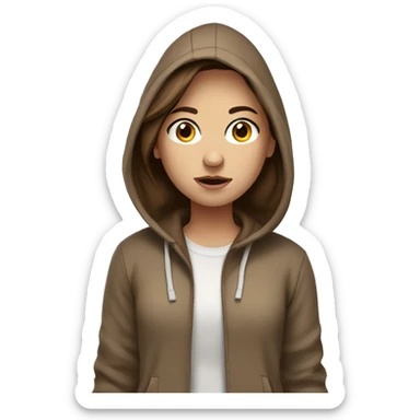 A girl with brown hair and white skin wearing a brown hoodie and looking cold sticker