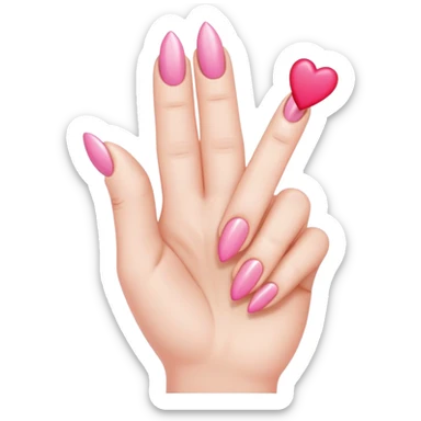 Pink middle finger with a medium almond shaped nail with heart charms sticker