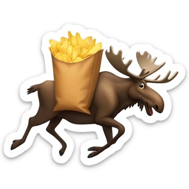 A moose running with a bag of chips and a bottle of pop sticker