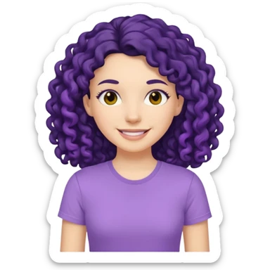 mujer blanca con cabello largo rizado negro sonriendo con camiseta lila sticker