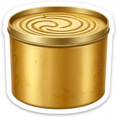 round metal tin, slightly open, with glossy golden wax inside, soft swirls on surface, no extras, soft lighting, subtle shadows, emoji scale sticker