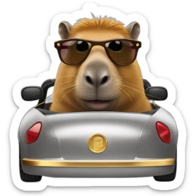 A capibara with sunglasses and a gold chain driving a car sticker