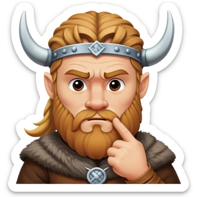  viking face with furrowed eyebrows looking upwards with thumb and index finger resting on its chin. sticker