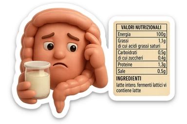 SU QUESTO STILE FAI UN EMOJI STILE IPHONE 3D DI UN INTESTINO CHE HA IN MANO UN BARATTOLO DI YOGURT CONFEZIONATO DA SUPERMERCATO E LEGGE L'ETICHETTA NUTRIZIONALE CON GLI INGREDIENTI IN ITALIANO, ACCANTO ALLO YOGURT CHE HA IN MANO C'è UN FOCUS SULL'ETICHETTA CON GLI INGREDIENTI SCRITTI, FAGLI UN ESPRESSIONE CONFUSA MENTRE LEGGE E FALLO MOLTO REALISTICO IN 3D sticker