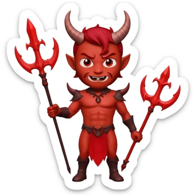 Full body shot 3D Memoji male devil, holding a three-pronged trident. Red skin, small horns, scary pose, solid background. sticker