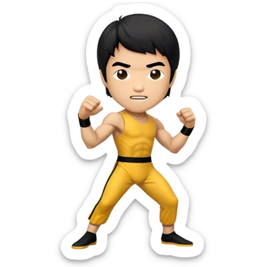 Cinematic Realistic Bruce Lee Pop Culture Emoji, featuring a dynamic portrayal of the legendary martial artist rendered with crisp detail and energetic lighting. sticker