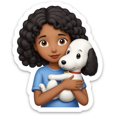 Girl with brown skin and curly black hair hugging snoopy sticker