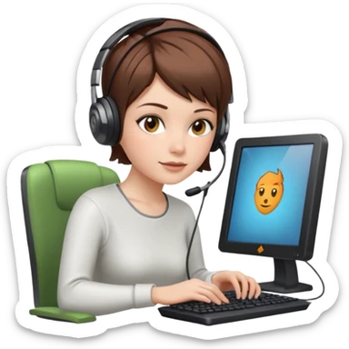macbook pro white woman pixie haircut brown hair hazel eyes playing computer games sticker