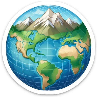 an icon featuring an earth with attitude and longitude lines, a textbook, and a topographic map, symbolizing geography as a science. The design includes a compass, mountain ranges, and rivers, representing the study of Earth's features and landscapes. Transparent background highlights geography. sticker