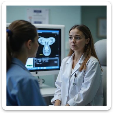 young woman in gynecological clinic, worried expression, doctor showing ultrasound with polycystic ovaries, realistic atmosphere, medical details, medical office background, 4K quality sticker
