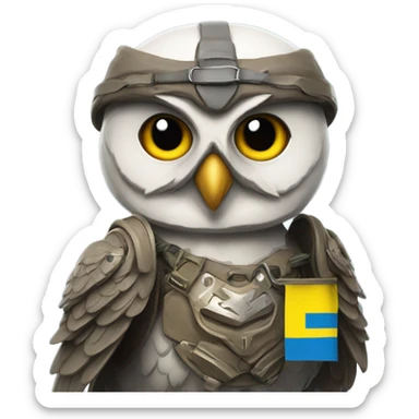 owl in battle gear in front of ukrainian flag sticker