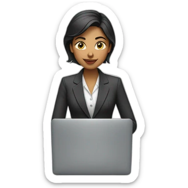Indian woman wearing suit typing on a MacBook sticker