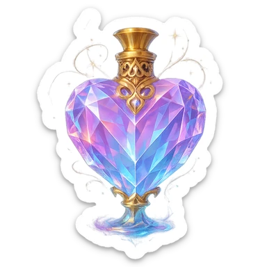premium class crystal elixir bottle heart-shaped, pastel gradient, lots of glow, facets, ornaments, golden details, magical effects, very small golden neck, transparent background, beautiful merging base, clearly floating in air, no ground or shadow, very luxurious, matching a collection sticker