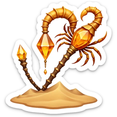 desert sand mage staff object icon, staff topped with a scorpion-shaped sand crystal, glowing amber aura, tribal desert carvings, floating sand dust, 3D cartoon, mobile game icon style, centered, clean background, no text, no watermark
 sticker