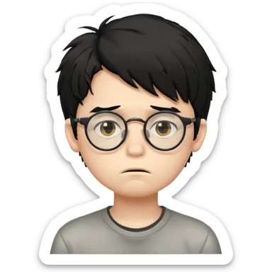 
young boy, 16 years old, messy black hair, glasses, sad face emoji sticker
