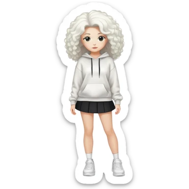 Female with slim hourglass figure, white big hair, wearing white sweatshirt, black skirt, and white shoes, full body pose sticker