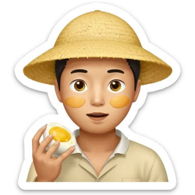 Asian guy with a rice hat eating an egg sticker