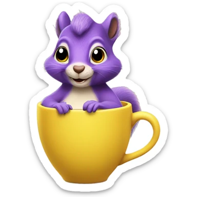 purple animated squirrel in a yellow dress with a large mug of coffee in its paws sticker