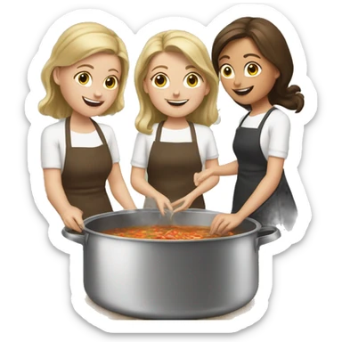 3 white girls making soup in a big pot sticker