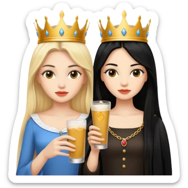 Two queens with long black hair and blonde drink sticker