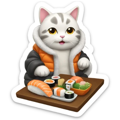 cat in a big puffy jacket eating sushi sticker