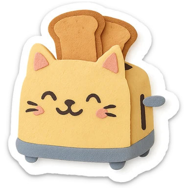 cute cat-shaped toaster with two toast slices popping out, smiling, soft pastel palette, full-body sticker