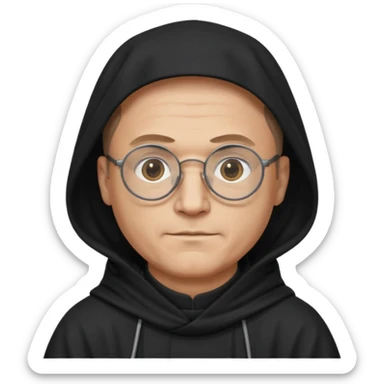 Monk priest prayer black habit with hood round black glasses done light brown wavy hair under hood remove the medallion smaller more round glassed age 46 remove necklace thinner or more oval face  sticker