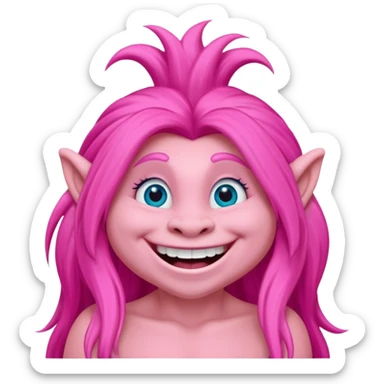 pink long haired troll character inspired by Poppy from Dreamworks Trolls, smiling, big eyes sticker