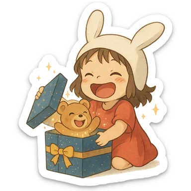 laughing chibi girl in bunny hat opening glittery gift box with laughing teddy bear inside, soft ghibli style sticker