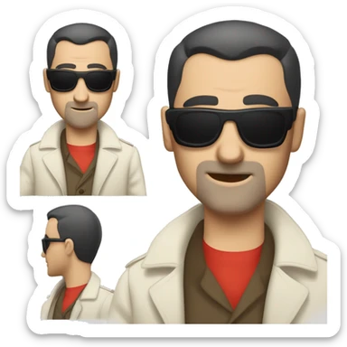 <excerpt>
A 1930s white man with real buzz cut Black hair, beard stubble donning small red tinted sun glasses in a dirty white trench coat, is serious.
</excerpt> sticker