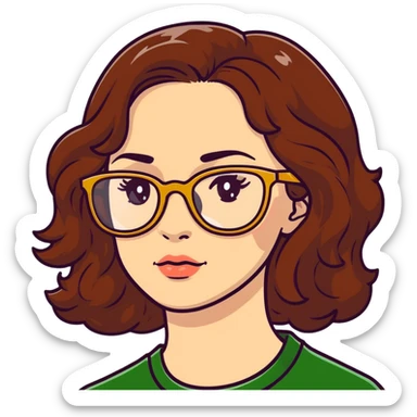 woman with pale skin, brown wavy hair, green eyes, gold glasses sticker