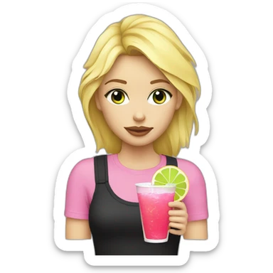 blonde girl straw drinking pink lemonade with one green lemon in the cup, with black watch black t shirt sticker