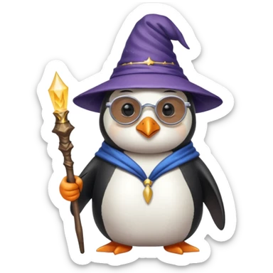 Penguin white wizard sit and wand and old man sunglasses sticker