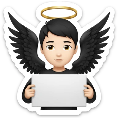 Asian Boy Angel with black hair black halo and black wings holding a large blank sign sticker