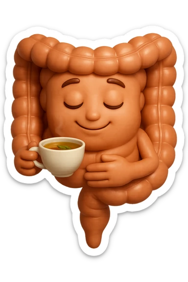 emoji stile iphone 3d di intestino umano sereno che si tocca la pancia mentre sorseggia un thè alle erbe, iperrealistico 4k sticker
