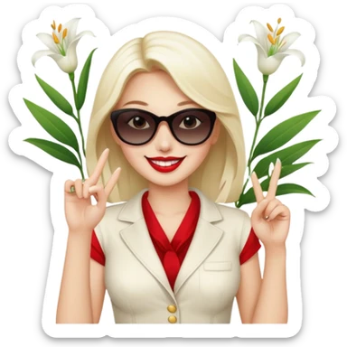 Professional sexy woman smiling holding lilies posing in shades  and flashing peace sign fingers sticker