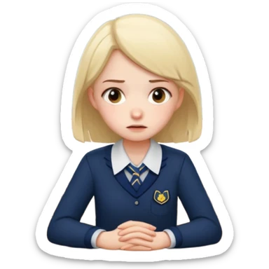 an anxious girl in school uniform sitting in front of a table  sticker