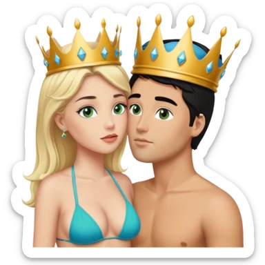 Blonde Queen with crownGreen eyes in Bikini kissing Male subject without crown black hair blue eyes Background sky sticker