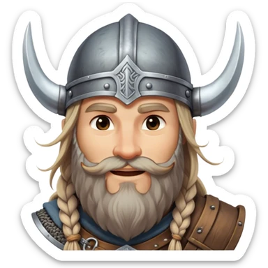 Clash of Clans aesthetic: Beautiful and Majestic Viking Portrait Emoji, Rendered in serene confidence with a gentle, enigmatic smile and a refined, weathered Viking helmet, showcasing a noble, sturdy build with long braided hair and a dignified beard, his face in natural skin tone, Simplified yet exquisitely endearing features, highly detailed, glowing with a soft, majestic Nordic light, high shine, calm and heroic, stylized with an air of timeless Norse elegance, soft glowing outline, capturing the essence of a majestic Viking whose noble spirit inspires epic quests! sticker
