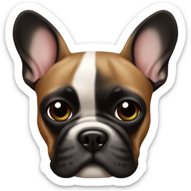 A French bulldog with a black face and brown body with kibble sticker