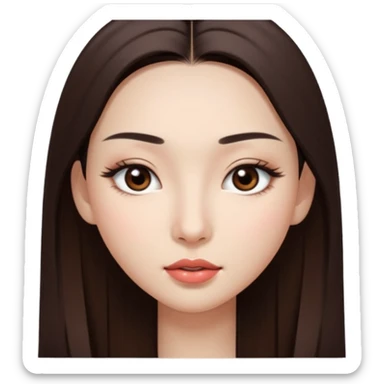 Una chica con piel muy clarita con pelo liso largo de color castaño y unos ojos marrones oscuro y labios grandes y nariz bonita y con unas pestañas que parezca asiatica que tenga las cejas un poquito mas juntas sticker