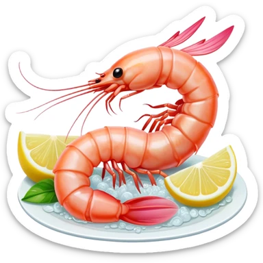 Cinematic glistening shrimp, pink and juicy, slightly curled with a light char, served with lemon wedges, ultra-detailed and fresh, warm glowing background. sticker