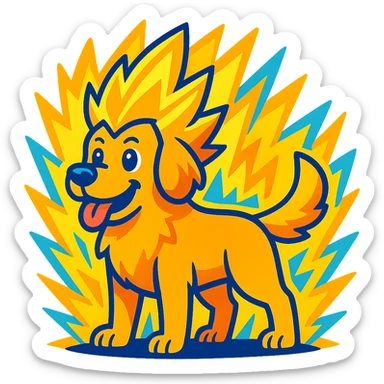 cartoon golden retriever with spiky glowing hair and a super saiyan energy aura, vibrant colors sticker