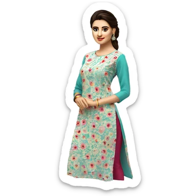 Create women's wear "floral design kurti" with round neck and long sleeves. sticker